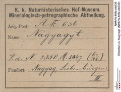 Etiketten zu Nagyagit (NHMW-MIN-Ak636)